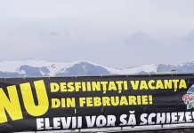 Banner împotriva desființării vacanței elevilor din luna februarie, afișat în stațiunea Straja