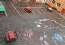 Clase în aer liber și desene educative pe asfalt, realizate la un colegiu din Aleșd într-un proiect de voluntariat desfășurat de elevi și profesori FOTO